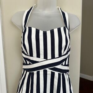 Nanette Lepore Nautical Navy White Striped Halter Mini Dress Crisscross Size 8